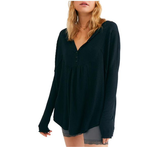 Free People Tops - Free People Leo Henley Tee Shirt Waffle Knit Oversized Long Sleeve Black Small